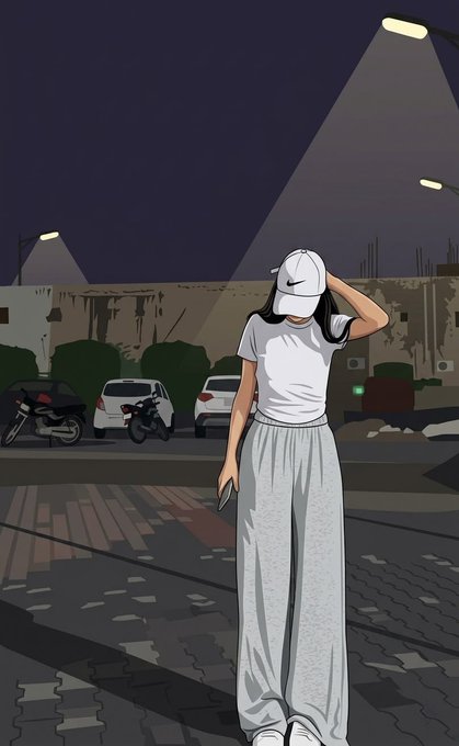 A digital illustration of a woman wearing a white Nike cap, white t-shirt, and white pants, standing on a dimly lit street at night with parked cars and streetlights in the background.