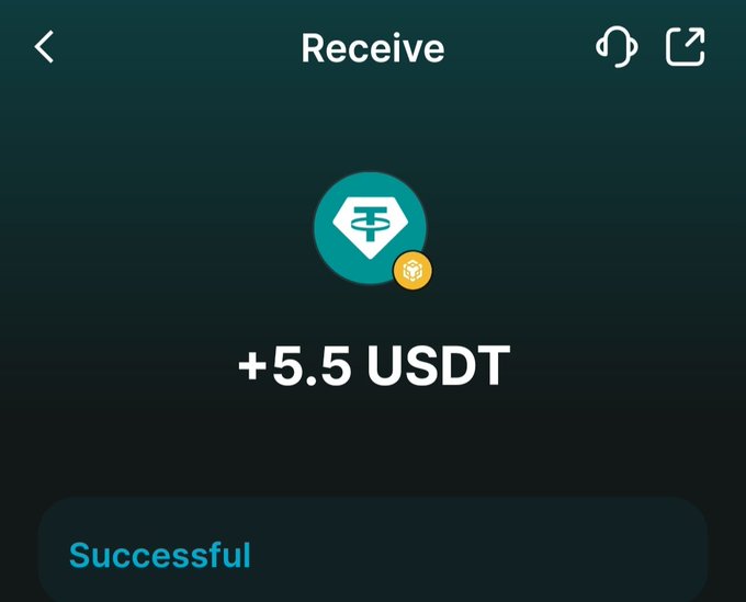 A dark-themed cryptocurrency app screen showing a 'Receive' transaction of '+5.5 USDT' marked as 'Successful' with the Tether logo.