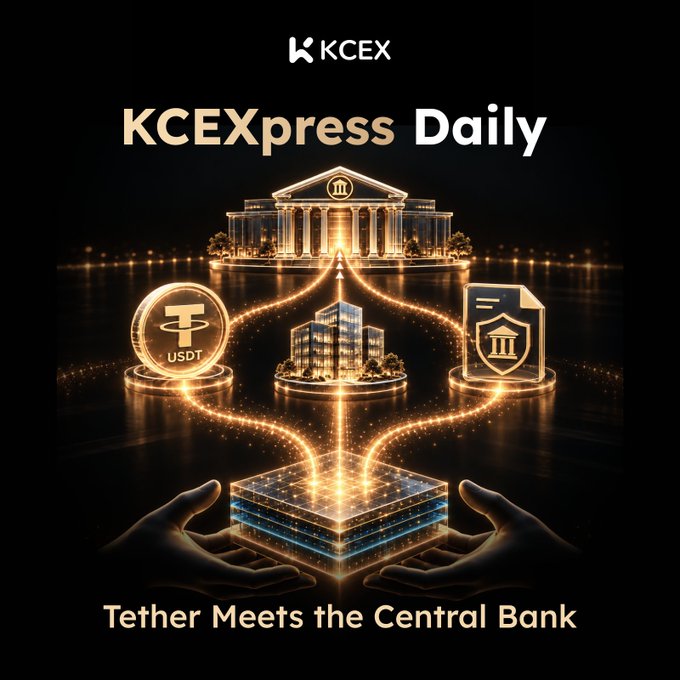 KCEXpress Daily promotional graphic titled 'Tether Meets the Central Bank' featuring a central bank building, USDT coin, and security shield connected by glowing lines to a server cube held by hands.