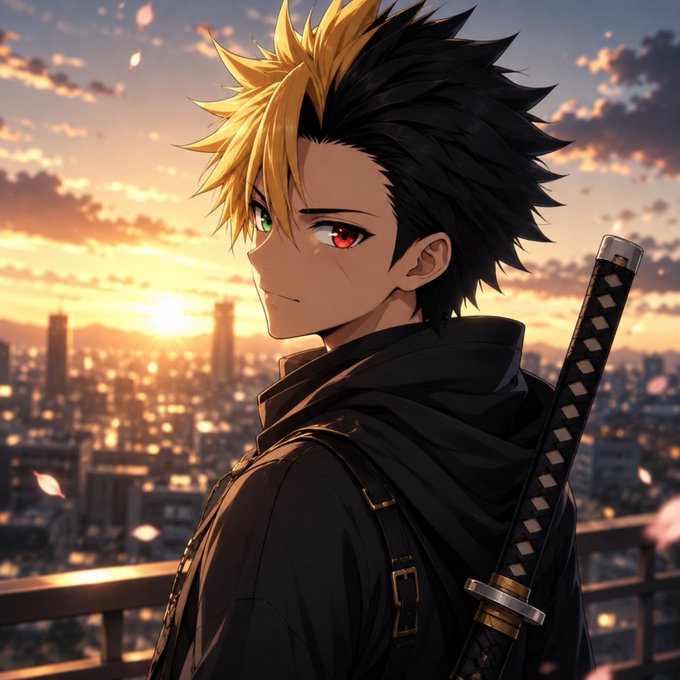 An anime-style illustration of a character with spiky blonde and black two-toned hair, one green eye and one red eye, wearing a dark coat with a katana on his back, set against a sunset cityscape.
