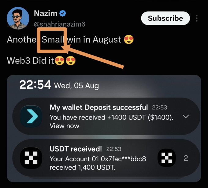 A tweet screenshot from user Nazim (@shahrianazim6) celebrating a 'Small win in August', showing mobile wallet notifications confirming a successful deposit of +1400 USDT ($1400) received at 22:53.