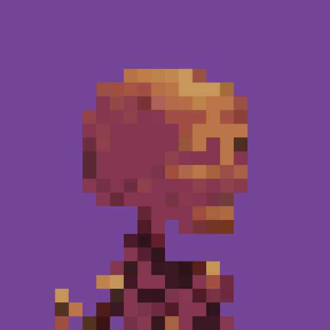 A pixel art portrait of a character with an orange and purple color scheme against a solid purple background, resembling a retro video game sprite.