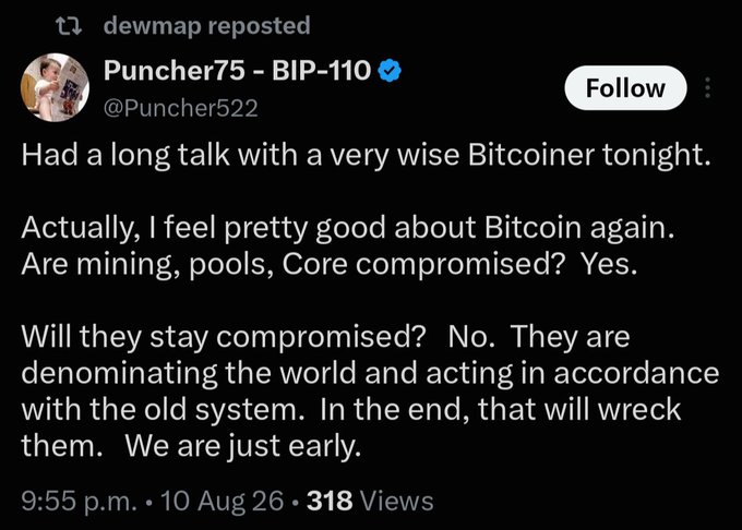 A screenshot of a tweet reposted by dewmap from Puncher75 · BIP-110 (@Puncher522) that reads: 'Had a long talk with a very wise Bitcoiner tonight. Actually, I feel pretty good about Bitcoin again. Are mining, pools, Core compromised? Yes. Will they stay compromised? No. They are denominating the world and acting in accordance with the old system. In the end, that will wreck them. We are just early.' Posted at 9:55 p.m. on 10 Aug 26 with 318 Views.