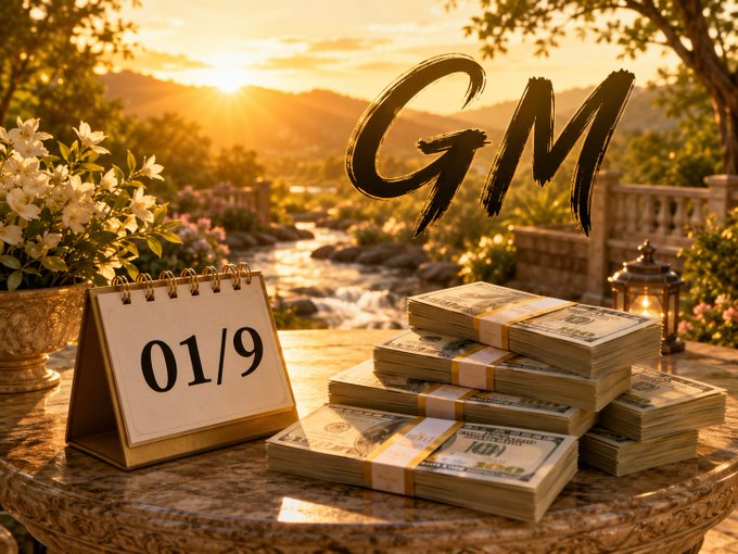 An image featuring large brush-stroke text 'GM' (Good Morning) overlaid on a sunset landscape, with a desk calendar showing '01/9' and a stack of US hundred-dollar bills on a table.