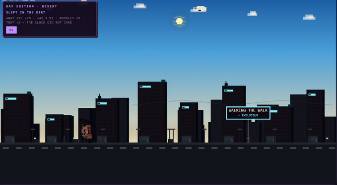 A pixel-art desert cityscape with a sleeping figure; UI text reads 'DAY EDITION - DESERT', 'SLEPT IN THE DIRT', 'AWAY 1H 20M +62.3 MI WOOOLES +9', 'TEXT +5 - THE CLOCK DID NOT CARE' alongside a billboard labeled 'WALKING THE WALK POPLISTOUR'.