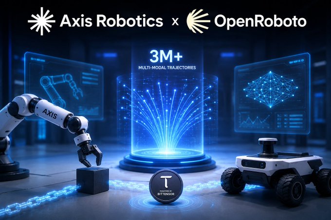 A tech collaboration announcement for 'Axis Robotics x OpenRoboto' showcases a robotic arm and rover alongside holographic displays highlighting '3M+ MULTI-MODAL TRAJECTORIES' powered by Bittensor.