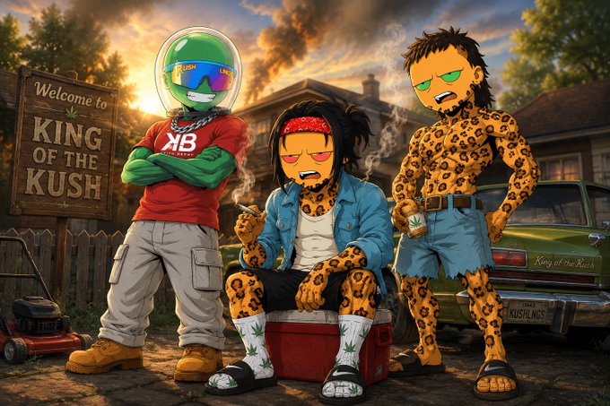 A vibrant cartoon scene features three characters—one in a green helmet and "XB" shirt, a girl in a leopard-print outfit smoking a joint, and a man in matching leopard-print—posing outside a building with a "Welcome to King of the Kush" sign and a car labeled "King of the Kush."

The image aligns with the "Gm rise and shine" post by showcasing cannabis-themed characters and signage in a humorous, laid-back morning stoner aesthetic.