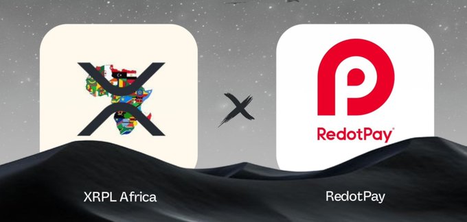 The image displays logos for XRPL Africa (featuring a map of Africa with an "X" overlay) and RedotPay (red "P" logo) separated by a multiplication "x" symbol on a starry background, illustrating the partnership announced between Ripple's XRPL Africa initiative and RedotPay to expand crypto-to-fiat remittance and Web3 adoption across Africa.