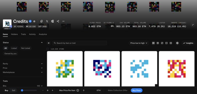A screenshot of an NFT marketplace page titled 'Credits' by PJ234C, displaying pixel art items with a floor price of 0.022 ETH, 953.13 ETH in 24h volume, and 18,210 owners.