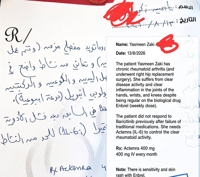 A handwritten Arabic medical prescription dated 13/8/2026 for patient Yasmeen Zaki recommends Actemra (IL-6) 400mg IV monthly for chronic rheumatoid arthritis unresponsive to Enbrel, with a note indicating sensitivity and skin rash to Enbrel. The prescription underscores the urgency conveyed in the accompanying post about needing only $42 to obtain this critical medication immediately.