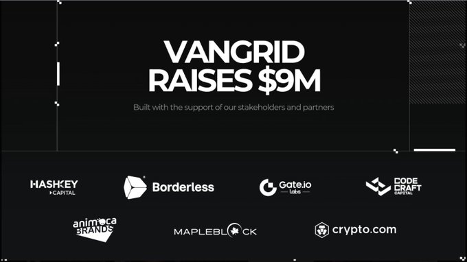 The image announces "VANGRID RAISES $9M," highlighting a successful $9 million fundraising round with the support of stakeholders and partners. Below the headline, logos of Vangrid's backers are displayed, including HashKey Capital, Borderless, Gate.io Labs, Code Craft Capital, Animoca Brands, Mapleblock, and Crypto.com, reinforcing the legitimacy of the project and its $VAN token airdrop mentioned in the post.