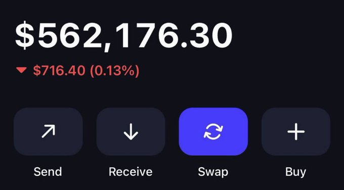 The image shows a crypto wallet balance of $562,176.30, down $716.40 (0.13%), with action buttons for Send, Receive, Swap, and Buy. The image serves to showcase a crypto wallet's substantial holdings, likely to lend credibility to the $250 SOL giveaway promotion.