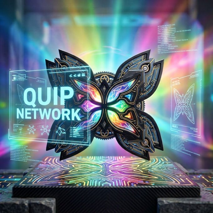 A vibrant digital promotional image for 'QUIP NETWORK' featuring a mechanical, colorful butterfly-shaped emblem on a circuit board background.