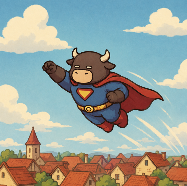 A cartoon superhero bull wearing a red cape and blue suit with a yellow emblem flies triumphantly above a quaint village with red-roofed houses, matching the caption's description of MOOMAN soaring across the sky in his iconic costume. The character embodies the whimsical hero of the MOOMAN memecoin narrative, depicting the legendary moment when his superpowers were finally revealed to the community.
