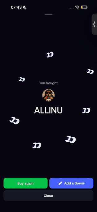 A mobile app confirmation screen displays 'You bought ALLINU' with a profile icon and 'Buy again' or 'Add a thesis' buttons.
