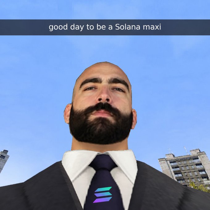 A man in a suit with a Solana logo on his tie looks up confidently against a blue sky, with the caption "good day to be a Solana maxi," tying together the celebratory $SOL Maxi post in meme fashion.