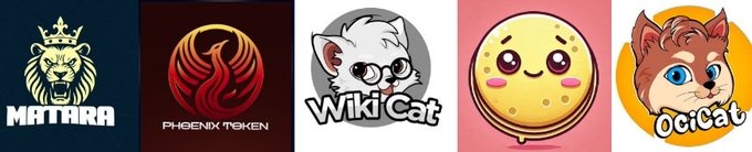 A row of five cryptocurrency logos: a crowned lion labeled 'MATHRA', a phoenix labeled 'PHOENIX TOKEN', a bespectacled cat labeled 'Wiki Cat', a yellow coin character, and a cat labeled 'Ocicat'.