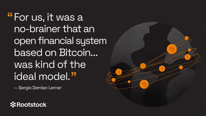 A Rootstock promotional graphic featuring a quote by Sergio Demian Lerner: 'For us, it was a no-brainer that an open financial system based on Bitcoin... was kind of the ideal model.' alongside an illustration of Bitcoin coins orbiting Earth.