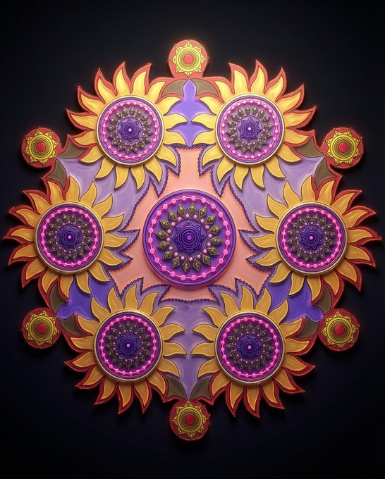 A symmetrical kaleidoscopic digital mandala artwork featuring ornate purple, pink, and yellow sunflower-like circular patterns arranged radially on a black background.