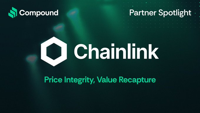 A 'Partner Spotlight' graphic from Compound featuring Chainlink, with the tagline 'Price Integrity, Value Recapture'.