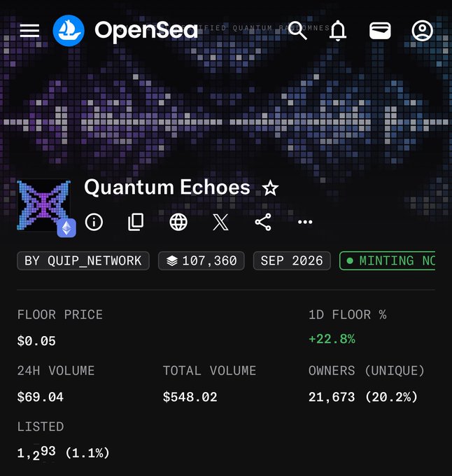 OpenSea listing page for the 'Quantum Echoes' NFT collection by QUIP_NETWORK with 107,360 items, a floor price of $0.05, and a 1D floor increase of +22.8%.