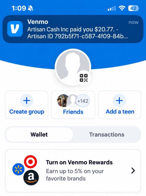 A Venmo notification confirms a $20.77 payment from "Artisan Cash Inc" (Artisan ID 792b5f71-c587-4f09-84b…), illustrating how stablecoin transactions are seamlessly deposited into a Venmo account. The image supports the post by showcasing a real-world example of converting crypto to spendable funds with just a couple of taps.