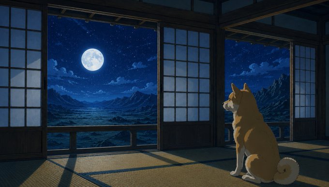 An anime-style illustration depicts a Shiba Inu dog sitting on tatami mats inside a traditional Japanese room, looking out at a full moon over a mountainous landscape through shoji doors.