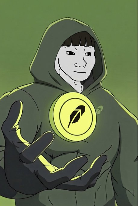An illustrated hooded figure in green with a glowing yellow Robinhood logo emblem on the chest holds out an open hand, embodying the $HOODIE mascot referenced in the post. The character's solemn expression and the prominent Robinhood insignia directly tie the artwork to the ticker and community handle mentioned.