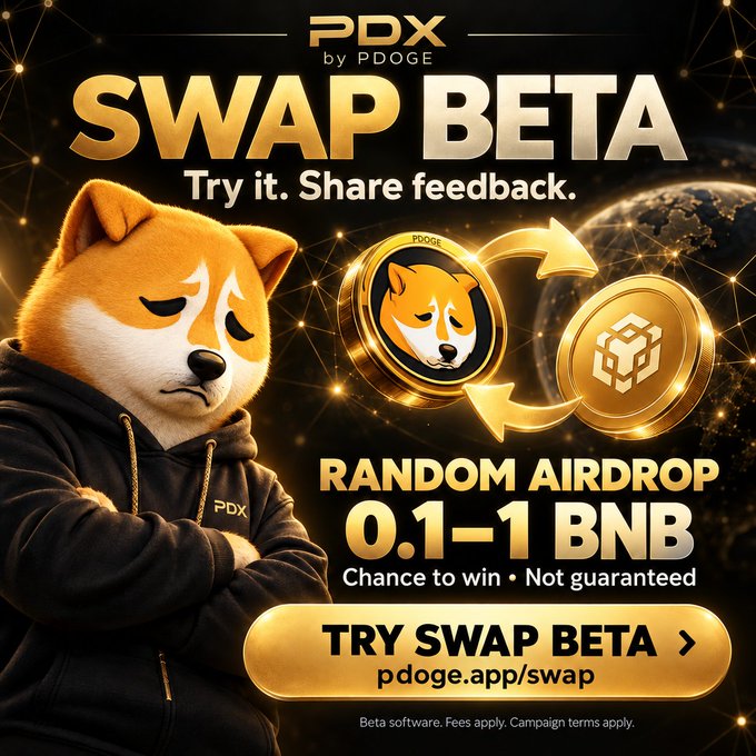 An advertisement for "PDX SWAP BETA by PDOGE" featuring a cartoon dog mascot, with text promoting a random airdrop of 0.1-1 BNB and a call to action to "TRY SWAP BETA" at pdoge.app/swap.