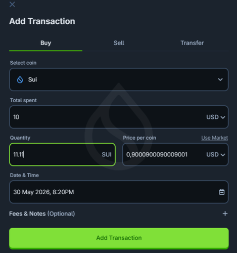 The image features a screen shot of a trading app that allows users to buy and sell Bitcoins or other cryptocurrencies at a price per coin. There are multiple coins displayed on the screen, including Sui, and a total amount of USDC (User Dollar) is present as well. The screen also indicates that the user has already spent 1.1 SUI. This information provides insights into the user's transaction history in the trading app.