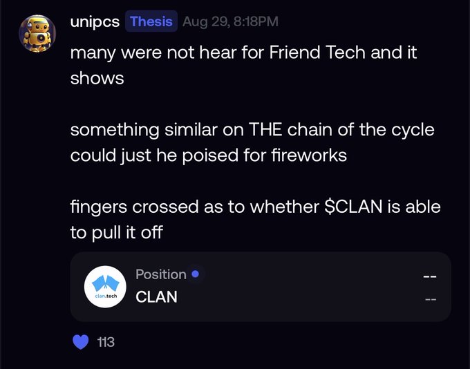 A Discord message from user 'unipcs' dated 'Aug 29, 8:18PM' discusses crypto trends, mentioning 'Friend Tech' and expressing hope that '$CLAN' can succeed, with a position card for 'CLAN' on 'clan.tech' visible below.