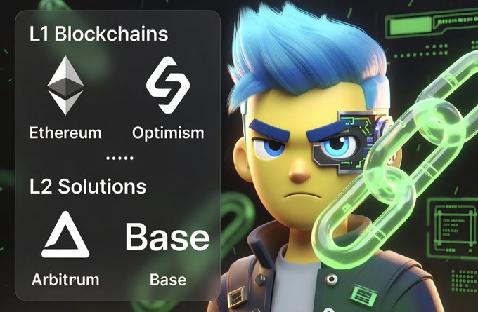 Infographic titled 'L1 Blockchains' (showing Ethereum and Optimism logos) and 'L2 Solutions' (showing Arbitrum and Base logos) next to a 3D animated character with blue hair and a glowing green chain graphic.