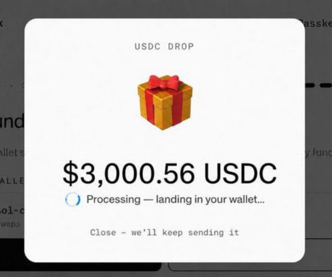 A pop-up notification shows a "USDC DROP" of $3,000.56 being processed to a wallet, accompanying a post teasing a $100 USDC airdrop giveaway by PayBox by MoonPay. The image's large reward amount contrasts with the post's modest $50-per-winner giveaway, suggesting the notification may be a fabricated screenshot to entice engagement.