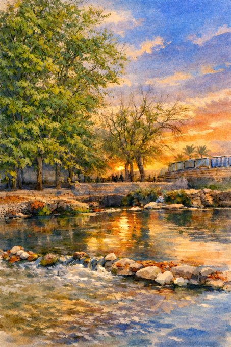 A watercolor painting depicting a tranquil sunset scene with silhouetted trees, a warm orange sky, and golden light reflecting on a calm body of water with rocks in the foreground.
