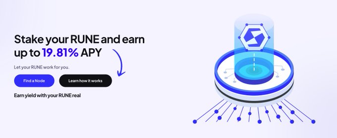 Crypto staking advertisement for RUNE token offering 'up to 19.81% APY' with buttons to 'Find a Node' or 'Learn how it works,' accompanied by an isometric illustration of a glowing blue node.