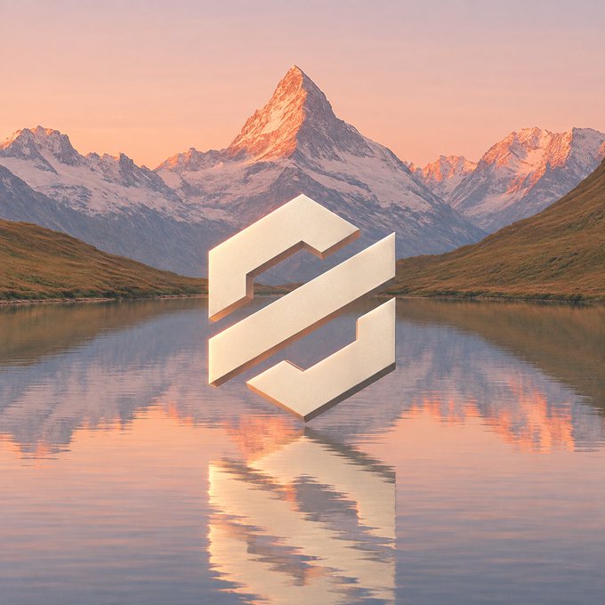 A scenic landscape featuring snow-capped mountains reflected in a calm lake at sunset, with a white Solana (SOL) cryptocurrency logo overlaid in the center.