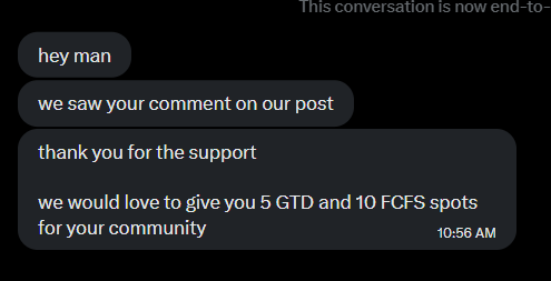 A screenshot of a chat conversation offering '5 GTD and 10 FCFS spots' for a community in exchange for post support.
