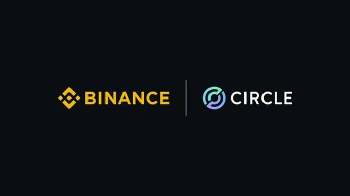 The image displays the logos of Binance and Circle side by side on a dark background, visually representing the partnership announced in the accompanying post, where Binance purchased $100M in Circle stock and established a 5-year long-term contract.
