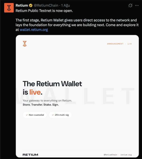 The image is a Retium (@RetiumChain) tweet announcing the launch of the Retium Public Testnet and the Retium Wallet at wallet.retium.org, highlighting features like non-custodial storage and 2FA multi-sig. The post context suggests this is being promoted as a potential airdrop opportunity, encouraging early participation in the testnet at no cost.