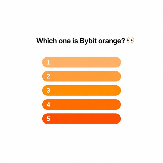 An image asking 'Which one is Bybit orange?' showing five numbered color swatches ranging from light peach to bright orange.