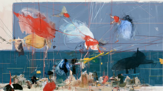 An abstract expressionist painting featuring bold splashes of red, orange, and blue against a moody teal background, with a large dark whale-like silhouette on the right side, evokes a melancholic sense of departure fitting the NFT artwork titled "Farewell" by @amorvobiscum being auctioned on objkt.com.