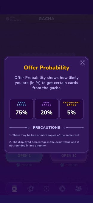 The image displays an "Offer Probability" popup from a gacha system, showing card draw rates of 75% Rare, 20% Epic, and 5% Legendary cards, with precautions noting exact percentages are not rounded. The image illustrates the speculative, chance-based mechanics of gacha gaming, which the post contrasts with Sleepagotchi's structured, deflationary tokenomics model that rewards consistent sleep routines rather than randomized payouts.