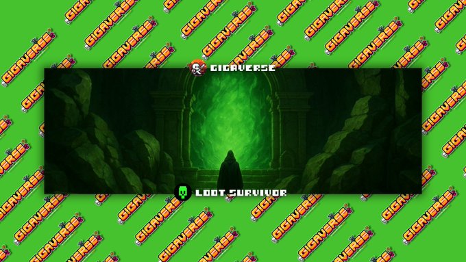A green branded background with 'CIGVERSE' logos surrounds a central image titled 'LOOT SURVIVOR' showing a hooded figure before a glowing green portal.