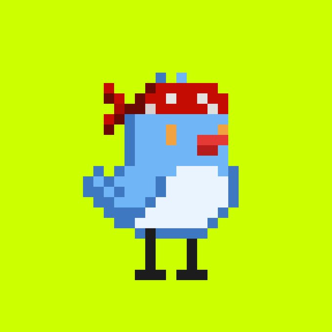 A pixel art sprite of a blue bird-like character wearing a red bandana and white apron against a solid green background.