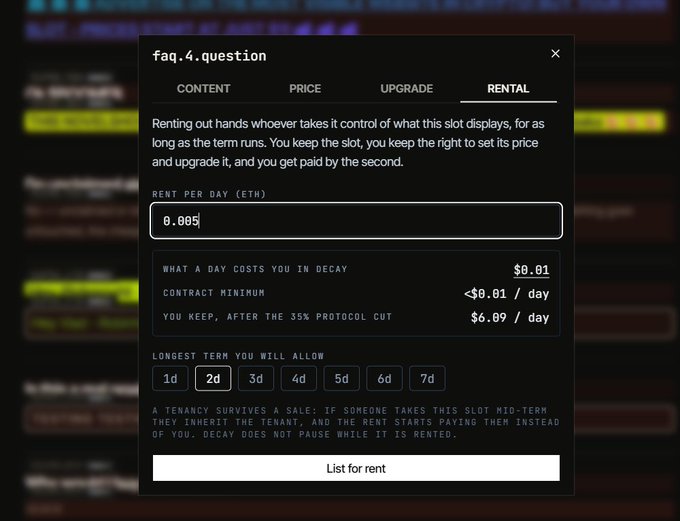 A digital interface for a rental agreement displays 'faq.4.question' with tabs for 'CONTENT', 'PRICE', 'UPGRADE', and 'RENTAL', showing rent costs in ETH per day and a 'List for rent' button.