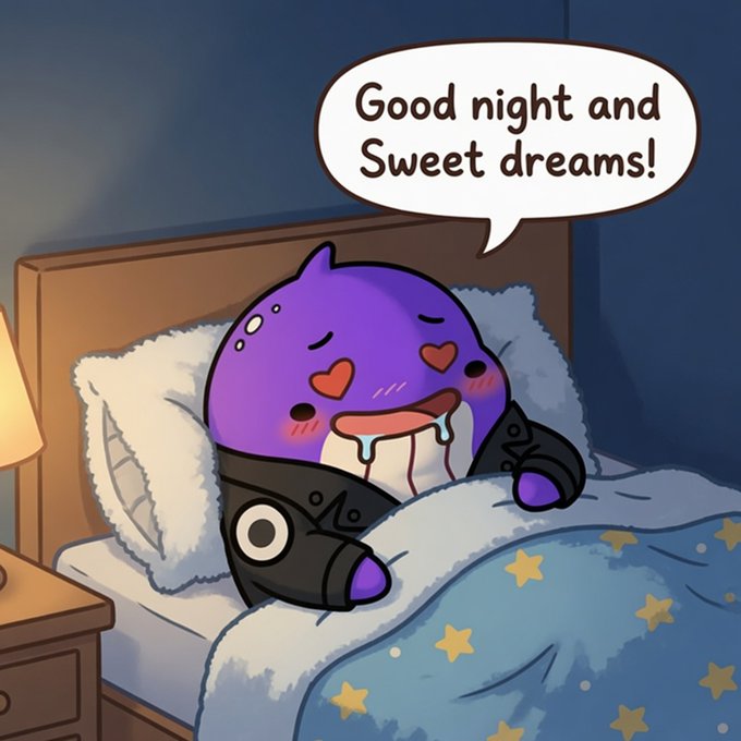 A cute cartoon illustration of a purple character with heart eyes drooling in bed under star-patterned blankets, with a speech bubble reading 'Good night and Sweet dreams!'.