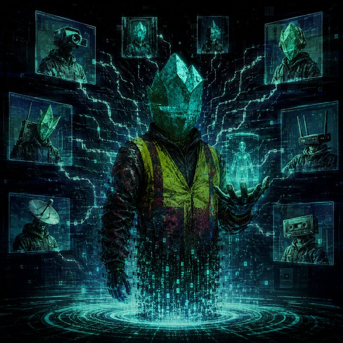A glitchy, crystalline entity with a geometric head emerges from a digital portal at the center, surrounded by holographic screens displaying various other figures and machines, visually embodying the concept of a BRKr gaining an evolving, sentient identity with its own memory and history.