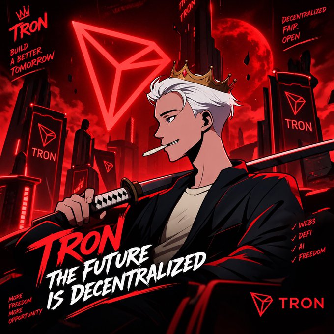 An anime-style promotional image for the Tron cryptocurrency, featuring a white-haired character with a sword and crown, with text 'TRON THE FUTURE IS DECENTRALIZED' and slogans like 'BUILD A BETTER TOMORROW' and 'DECENTRALIZED FAIR OPEN.'
