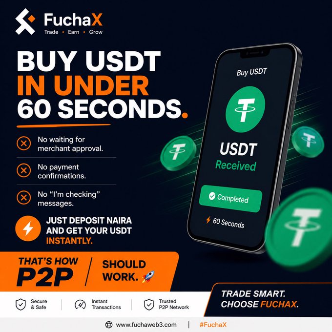 The image features a cell phone with an advertisement for buying and selling USDT (United States Dollar token) in under 60 seconds. The phone displays a green circle with a white "U" inside, which represents the token being sold on the app. Below this, there is text that reads "Buy and Sell USDT in under 60 seconds. No waiting for merchant approval. No payment confirmations. No 'I'm checking' messages. Just deposit Naira and get your USDT instantly." The image also includes a website address, fuchaweb3.com/ref/IMADQE8F #FuchaX".