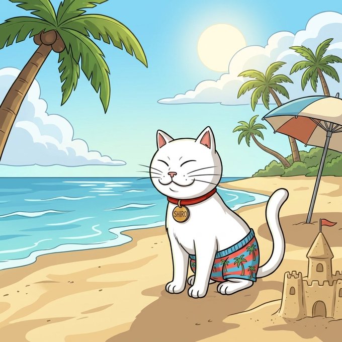 The image features a white cat wearing swim trunks, sitting on a sandy beach with an umbrella nearby. The cat appears to be enjoying its time at the beach, possibly posing for a photo or simply relaxing under the shade of the umbrella. The text "Summer $SHIRO" is present in the image, which could potentially be related to a summer-themed event or activity that the cat might be participating in.